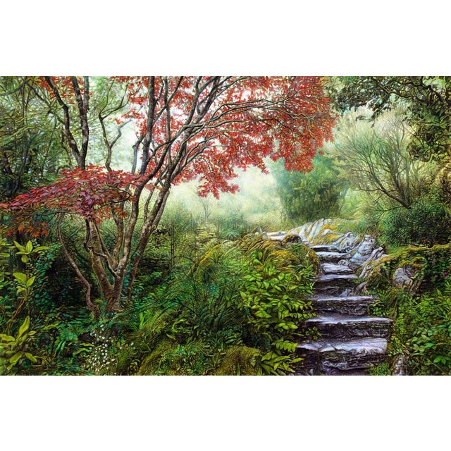 The Long Way Home by Thane Gorek | Gouache and oil on canvas Landscape with stone steps and trees For Sale