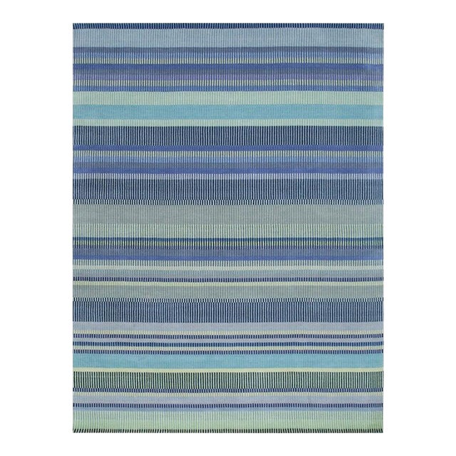 6x9 Blue Hand-Knotted Wool Striated Bands Geometric Modern Carpet Rug For Sale