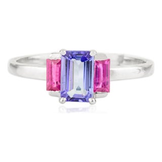 Timeless Baguette Cut Ruby & Tanzanite 14k Gold Gemstone Ring Size 7 For Sale