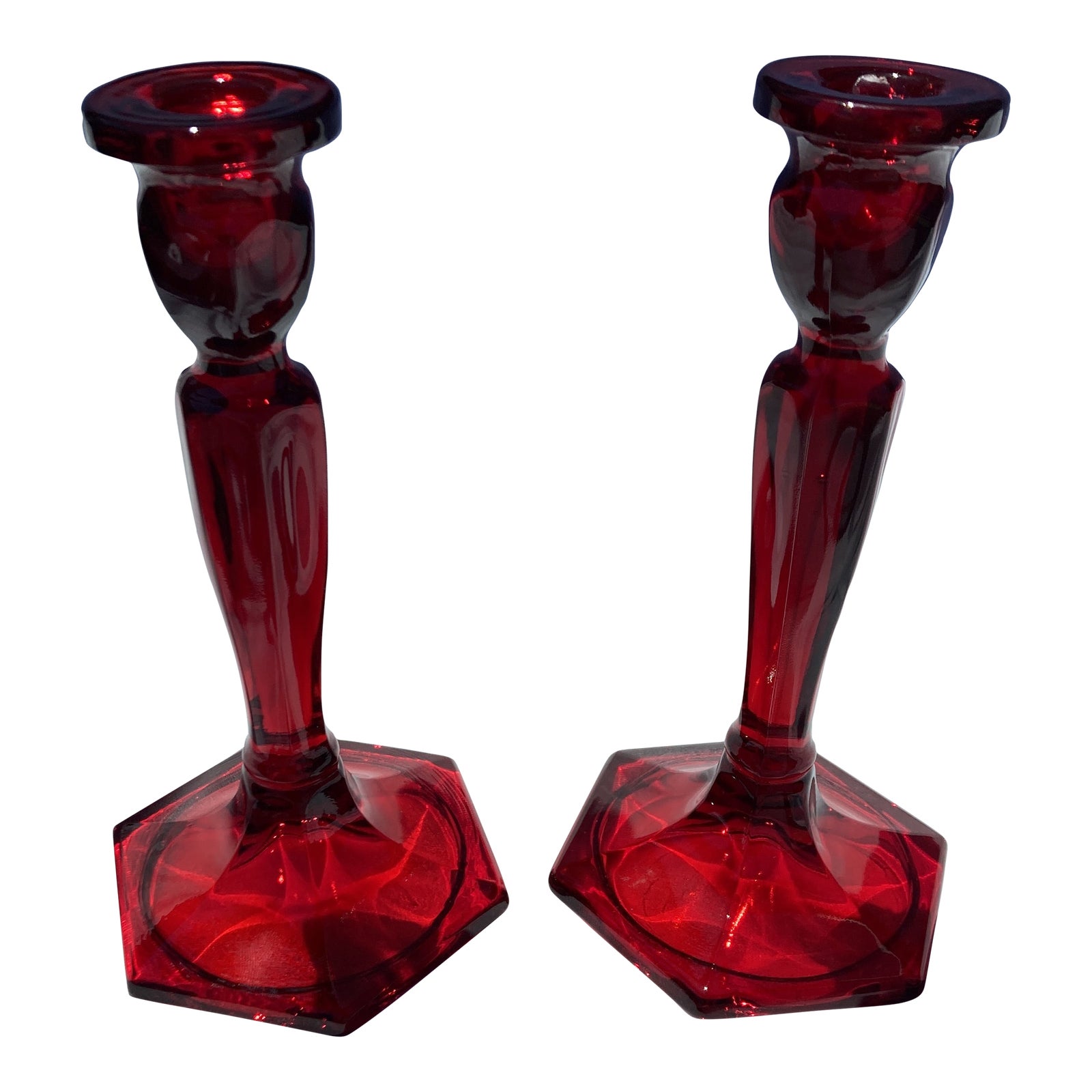 Set of 2 Fenton Red Glass Candle Stick Holders, 1980s Chairish
