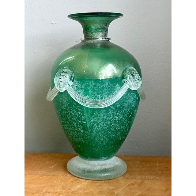 Vintage Green Art Glass Vase With Relief Faces For Sale - Image 10 of 12