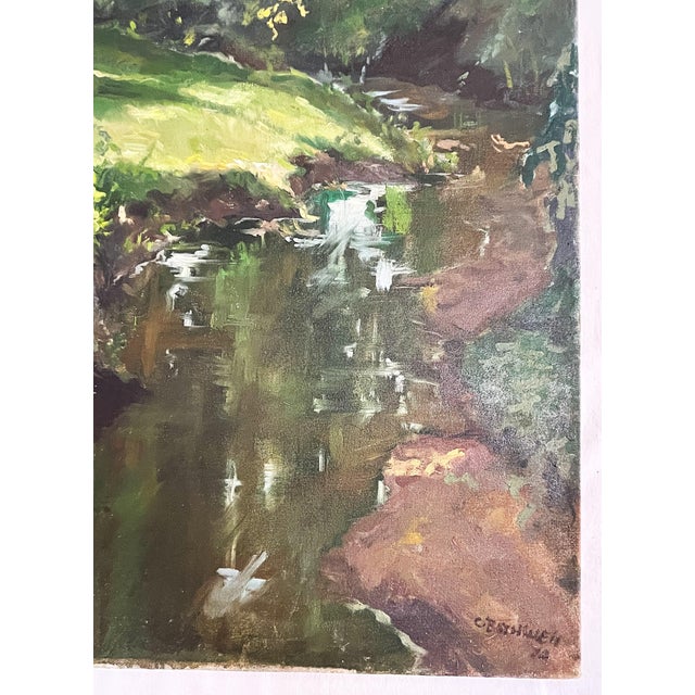 Green Original Signed Landscape Oil Painting on Canvas 1930's For Sale - Image 8 of 12