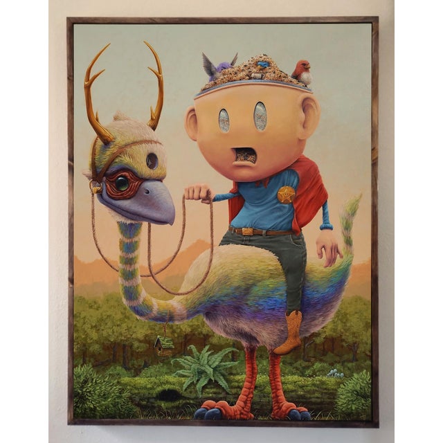 Green Masks We Wear,Everybody Wants A Piece by 3rd Ver (Ben Patterson)|Acrylic & Oils on Canvas depicting a character with a headpiece riding a large bird. For Sale - Image 8 of 10