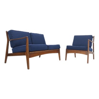 Danish Mid-Century Modern New Upholstery Walnut Frames Sofa & Chair Set Mint! For Sale