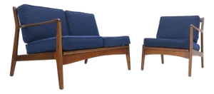 Danish Mid-Century Modern New Upholstery Walnut Frames Sofa & Chair Set Mint!