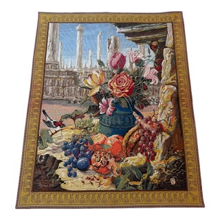 Vintage French Still Life Tapestry, 1970s, Floral & Fruit Composition, 6' X 8' For Sale