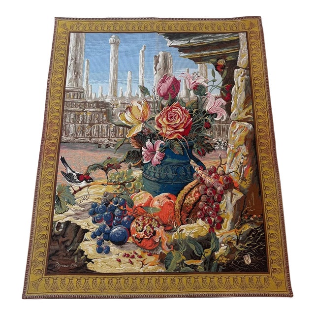 Vintage French Still Life Tapestry, 1970s, Floral & Fruit Composition, 6' X 8' For Sale