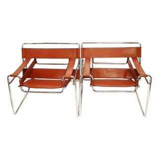 Wassily B3 Armchair in Chrome and Tan Leather by Marcel Breuer, Set of 2 For Sale