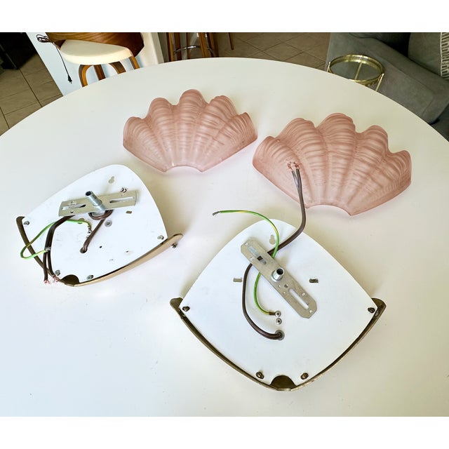 Pair Art Deco Shell Clam Shaped Pink Glass Brass Wall Sconce For Sale - Image 17 of 18