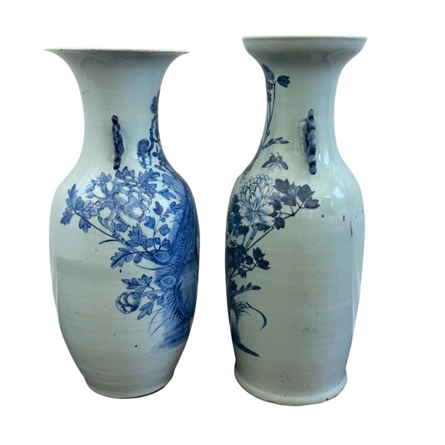 Late 19th Century Chinese Celadon-Ground Blue & White Porcelain Vases – Pair For Sale - Image 4 of 9