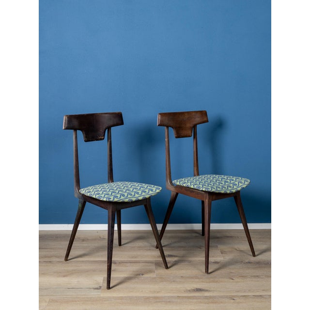 Mid-Century Modern Vintage Wooden Chairs with Fabric Seats, Italy, 1950s, Set of 2 For Sale - Image 3 of 8