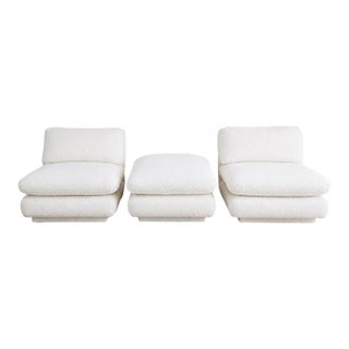 Vintage 1970s Pair of Modern Slipper Chairs & Ottoman in White Faux Shearling / Boucle Upholstery by Marge Carson For Sale