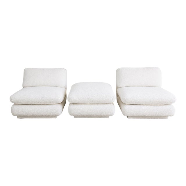 Vintage 1970s Pair of Modern Slipper Chairs & Ottoman in White Faux Shearling / Boucle Upholstery by Marge Carson For Sale