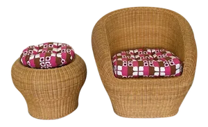 1970s Vintage Wild Italian Style Woven Wicker Chair and Ottoman