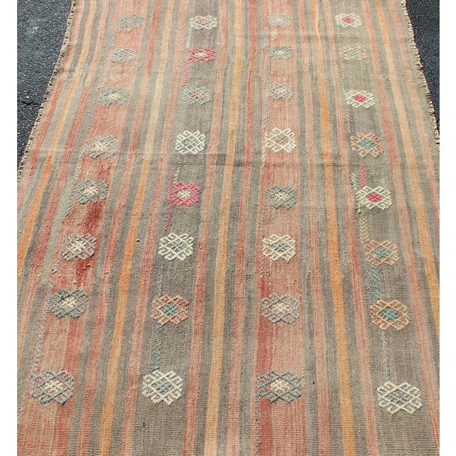 Colorful Vintage Hand Woven Turkish Flat-Weave Kilim Rug With Striped Geometric Design For Sale In Atlanta - Image 6 of 13