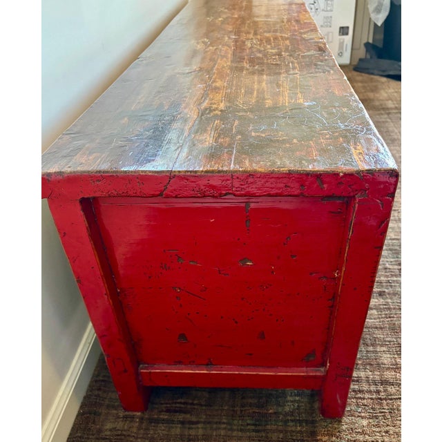 19th Century Antique Chinese Low Red Elmwood Cabinet For Sale - Image 5 of 12