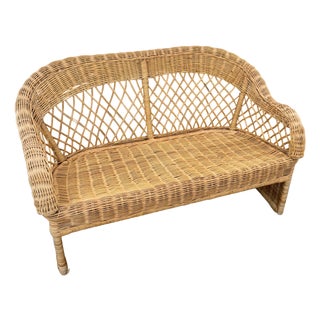Vintage Boho Chic Woven Wicker Love Seat For Sale