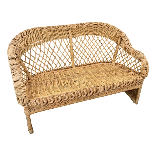 Vintage Boho Chic Woven Wicker Love Seat For Sale