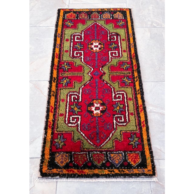 1970s 1970s Hand Made Turkish Mat Rug Colorful Small Rug Kitchen Mat Organic Wool - 1'8" X 3'5" For Sale - Image 5 of 11