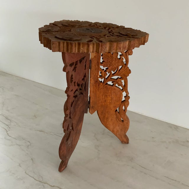 Wood Early 20th Century Carved Indian Folding Floral Tabouret Drinks Table With Floral Medallion For Sale - Image 7 of 12