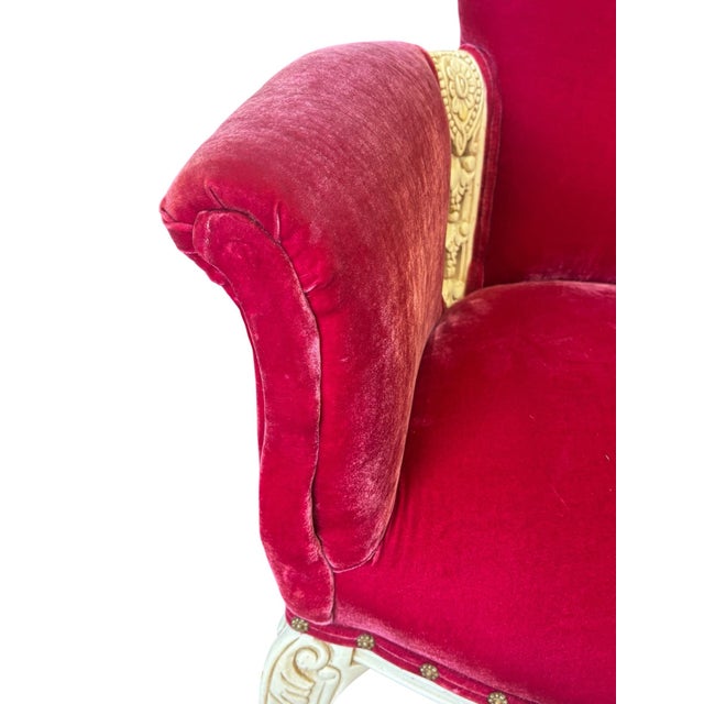 Vintage Louis XV Style Wingback Bergère Chair in Ruby Velvet With Carved Distressed Frame For Sale - Image 4 of 10