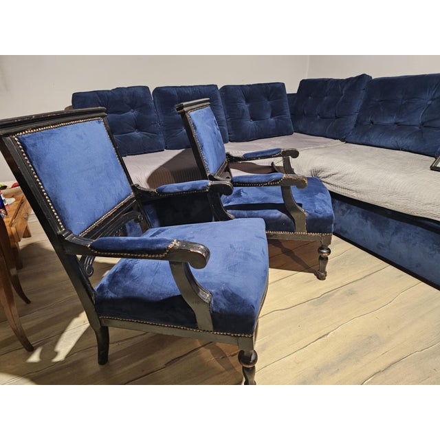 Blue Upholstered Wooden Armchair, 1890s For Sale - Image 8 of 11
