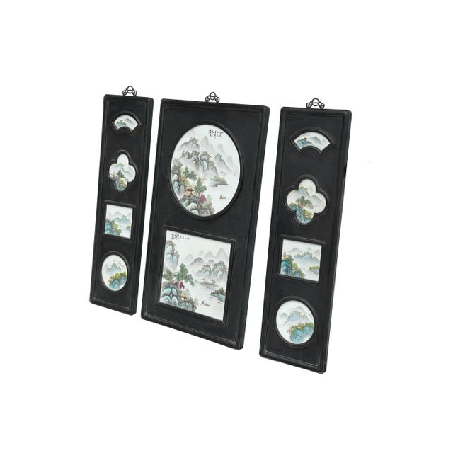 Black Chinese Mountain River Porcelain Painting Wall Panel 3 Pieces Set For Sale - Image 8 of 10