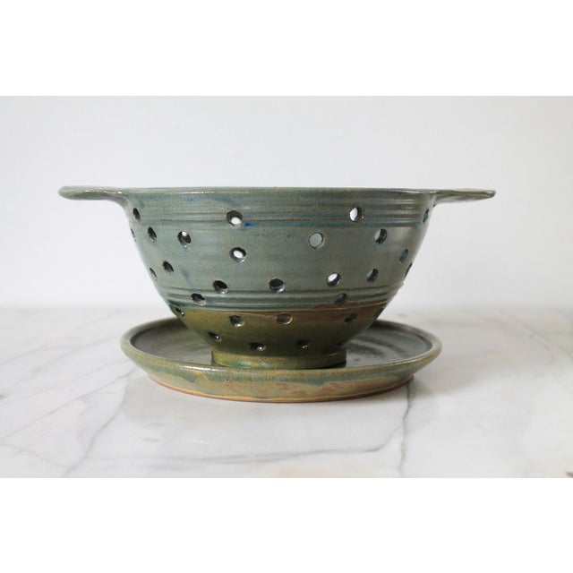 Late 20th Century Vintage Glazed Studio Art Pottery Berry Strainer W/ Saucer For Sale - Image 5 of 10