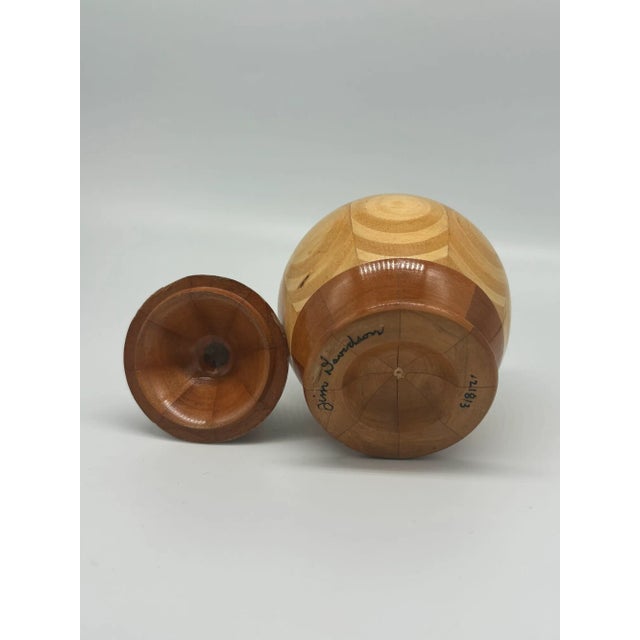 Wood Hand Carved Marquetry Inlay Pear Shaped Vessel With Lid For Sale - Image 7 of 9