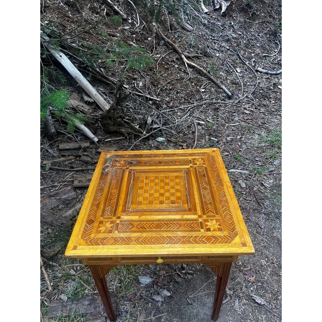 Antique Square Rustic Folk Inlay Marquetry Game / Chess Accent Table For Sale - Image 9 of 9