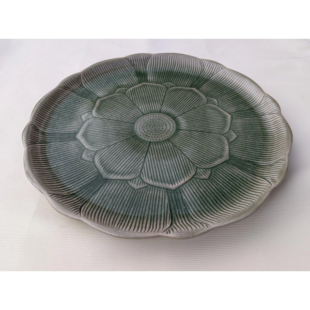 Jade Green Lotus Flower Thai Celadon Stoneware Plates - 9 Pieces For Sale - Image 11 of 12