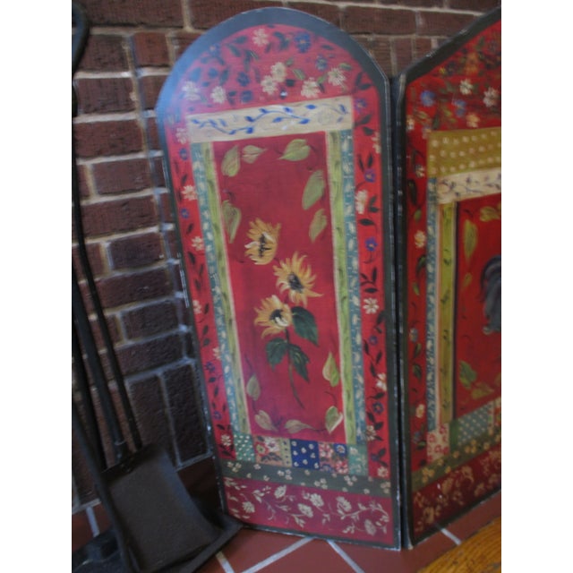 1990s Vintage French Country Red Ornate Rooster Design With Basket Fire Screen For Sale - Image 5 of 13