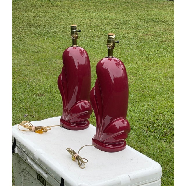 Ruby Red Vintage 1980s Postmodern Cranberry Red Sculptural Wave Ceramic Table Lamps - A Pair For Sale - Image 8 of 10