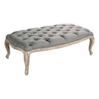 Maison Tufted Ottoman with Cabriole Legs - Charcoal Linen / Weathered Oak Frame For Sale
