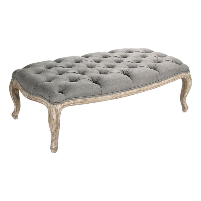 Maison Tufted Ottoman with Cabriole Legs - Charcoal Linen / Weathered Oak Frame For Sale
