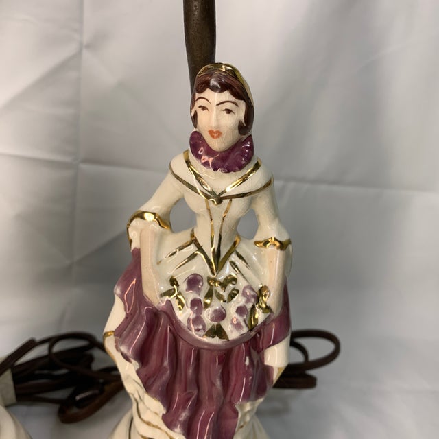 Vintage Porcelain "Colonial Couple" or "Victorian Courting Couple" Boudoir Vanity Lamps - a Pair For Sale - Image 4 of 8