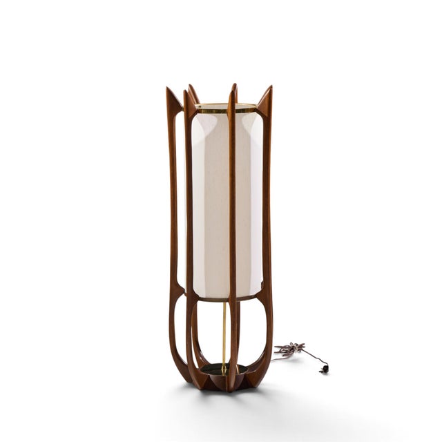 Modeline Model 635 Mid Century Sculptured Walnut and Brass Table Lamp This lamp measures: 13.75 wide x 13.75 deep x 38.75...