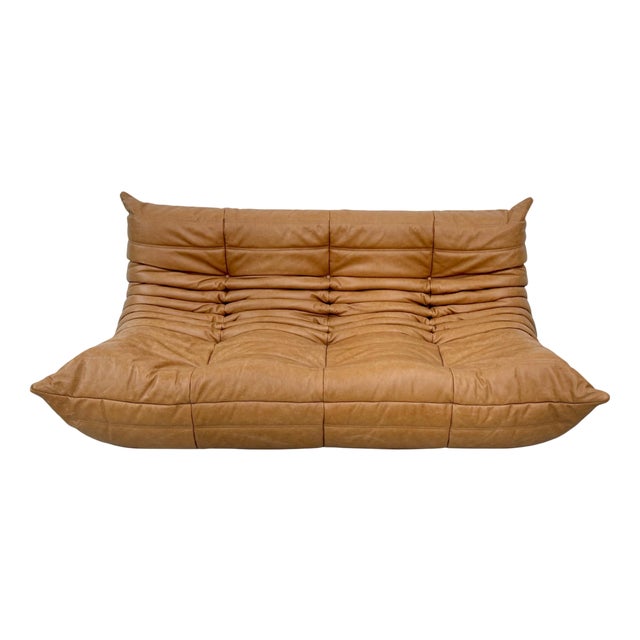 French 3-Seater Togo Sofa in Dark Camel Leather attributed to Michel Ducaroy for Ligne Roset For Sale