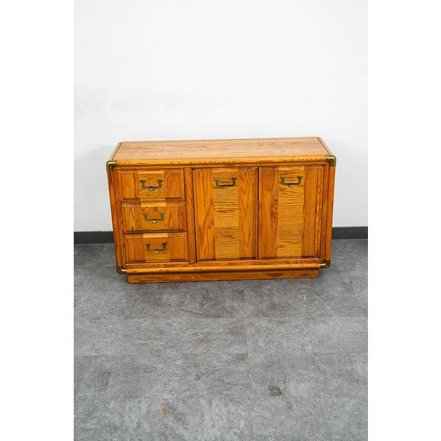 Mid Century Modern Credenza Dresser Cabinet Solid Oak 3 Drawer Wood Brass Trim For Sale - Image 12 of 12