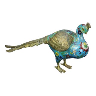 Vintage Cloisonné Enamel Peacock Figurine With Brass Accents For Sale
