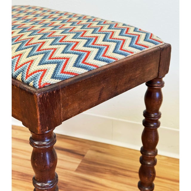 Vintage Turned Wood Stool With Zig Zag Upholstered Seat For Sale - Image 9 of 9