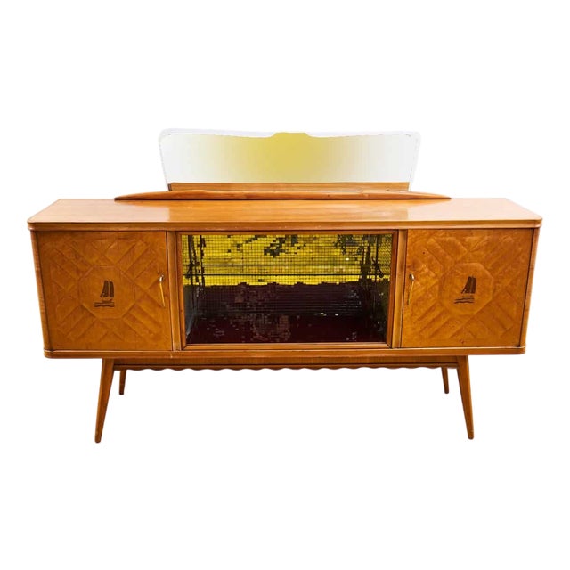 Light Wood Bar Cabinet with Mirror, 1950s For Sale