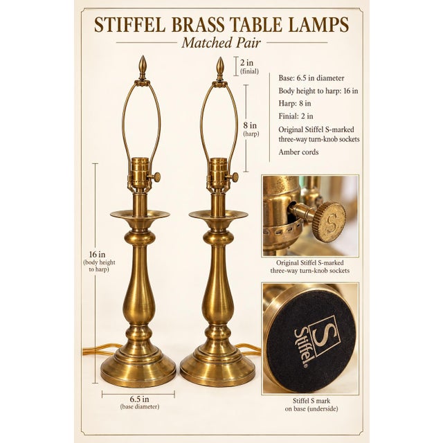 Metal Vintage Stiffel Brass Candlestick Table Lamps With Red Scalloped Shades - Pair For Sale - Image 7 of 7