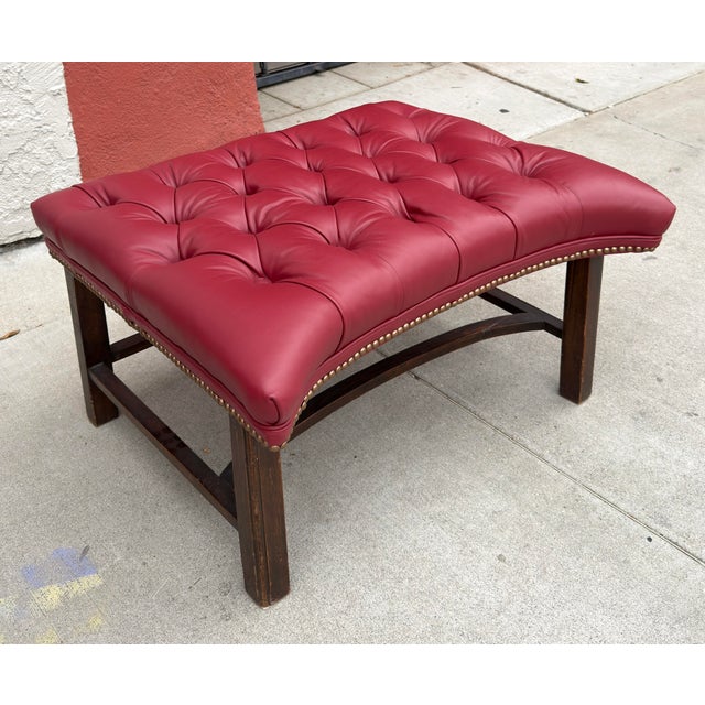 Animal Skin Antique Queen Anne Red Tufted Leather Wingback Chair & Ottoman For Sale - Image 7 of 8