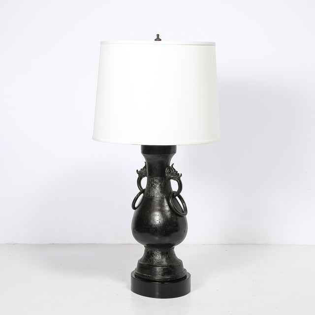 Black Pair of Mid-Century Iron Dragon Amphora Chinoiserie Table Lamps W/ Ring Details For Sale - Image 8 of 15
