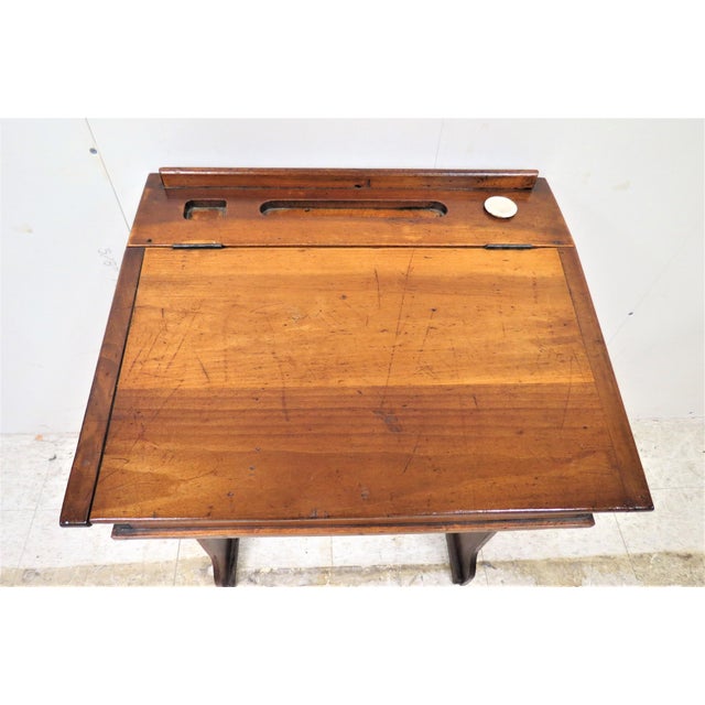 Antique English Child's Primary School Lift Top Desk With Ink Well