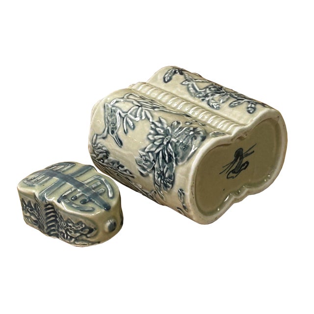 Cream Celadon Porcelain Blue Flower Graphic Cylindrical Container For Sale - Image 10 of 12