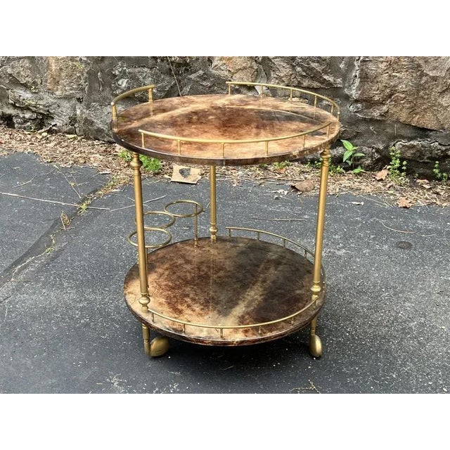 Aldo Tura Mid Century Aldo Tura Goatskin Round Bar Cart For Sale - Image 4 of 9