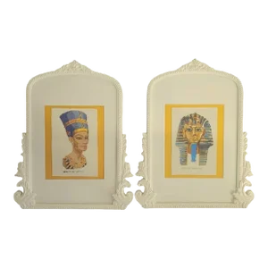 Custom Made One of a Kind Framed Needlepoint Nefertiti King Tut Rococo Oval White Framed Wall Art- a Pair