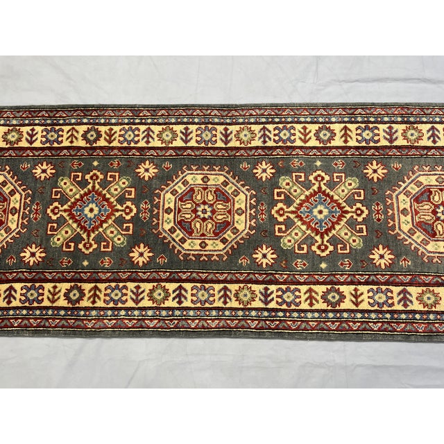 Art Deco Charcoal Gray, Cream and Red Kazak Wool Runner Rug, 2'8" X 13' For Sale - Image 3 of 16